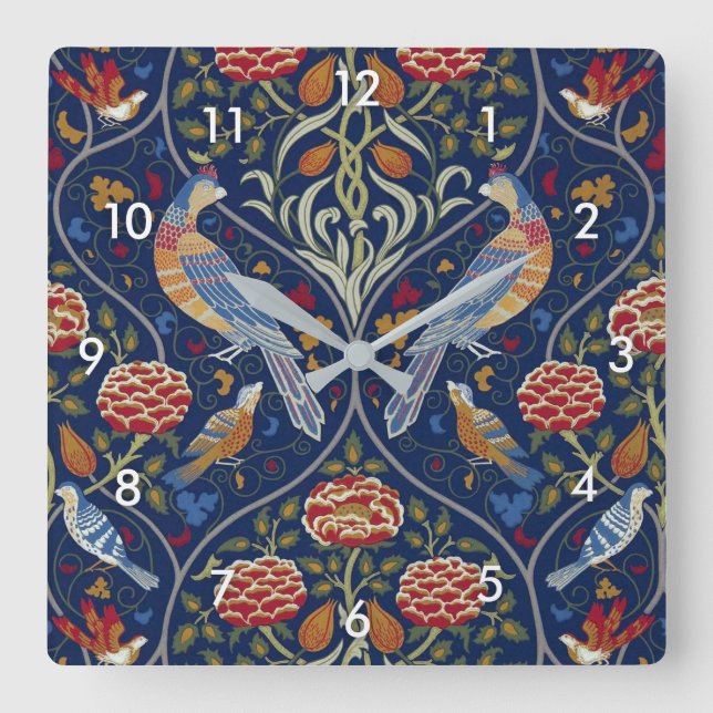 Birds and Flowers, William Morris Square Wall Clock (Front)