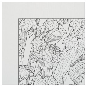 Birds and Maple Tree Adult Colouring Page Fabric