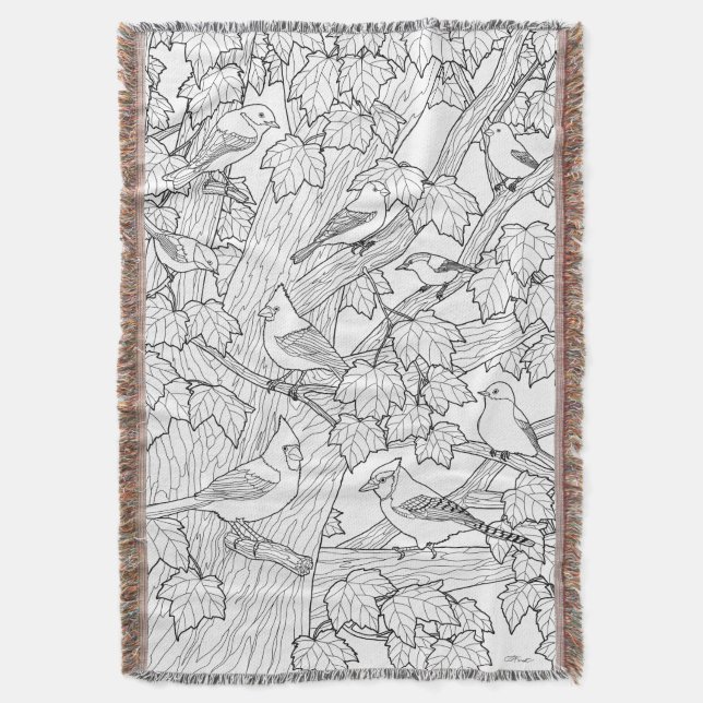 Birds and Maple Tree U-Paint or Dye Throw Blanket (Front Vertical)