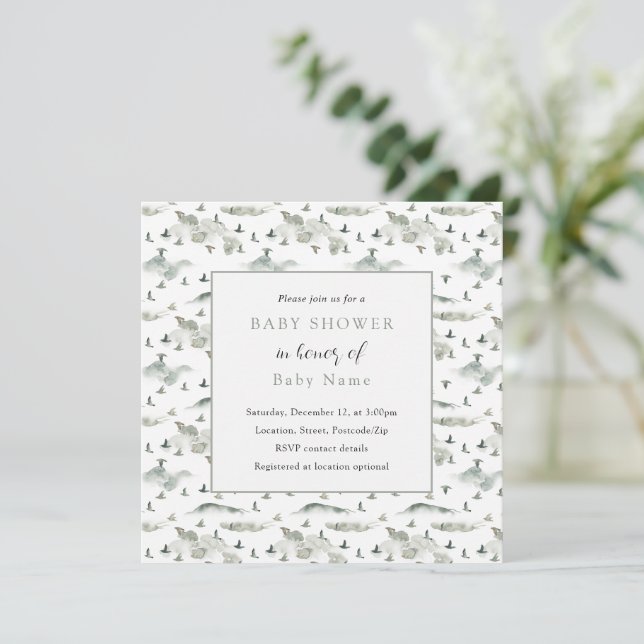 Birds and mountains baby shower invitation (Standing Front)