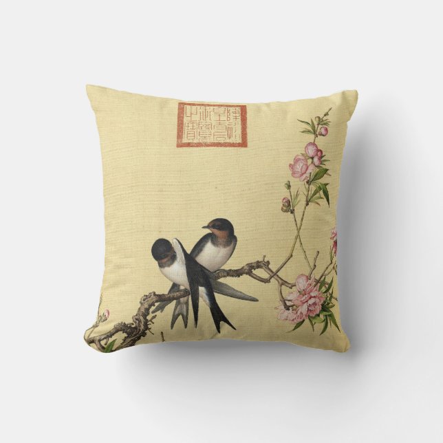 Birds And Peach Blossoms by Giuseppe Castiglione Throw Pillow (Front)