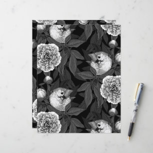 Birds and peony flowers monochrome, grey