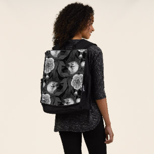 Birds and peony flowers monochrome, grey backpack