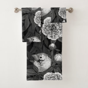 Birds and peony flowers monochrome, grey bath towel set