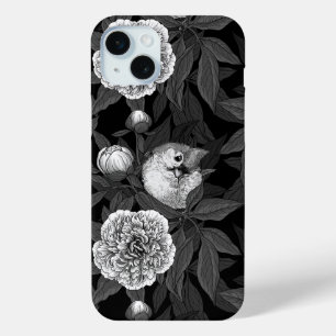 Birds and peony flowers monochrome, grey iPhone 15 mini case