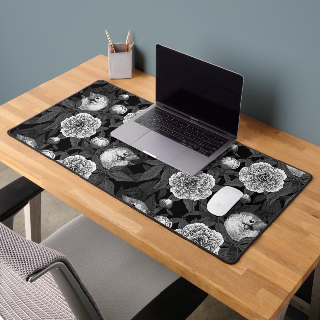Birds and peony flowers monochrome, grey desk mat (Office 2)