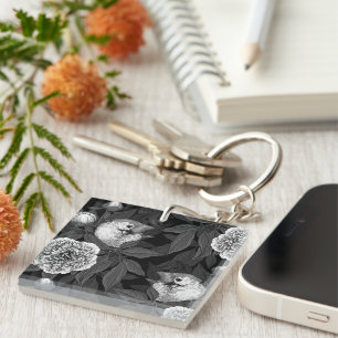 Birds and peony flowers monochrome, grey keychain