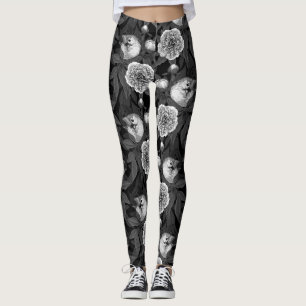 Birds and peony flowers monochrome, grey leggings