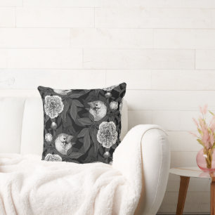 Birds and peony flowers monochrome, grey throw pillow