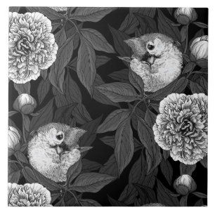 Birds and peony flowers monochrome, grey tile
