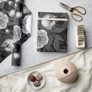 Birds and peony flowers monochrome, grey wrapping paper