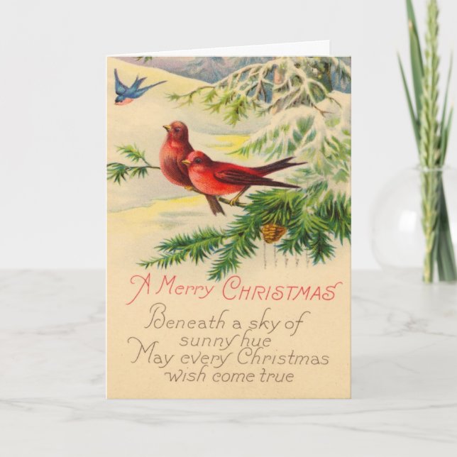 Birds and Pine Vintage Christmas Card (Front)