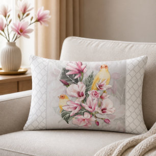Birds and Pink Magnolia Blossoms Lumbar Pillow
