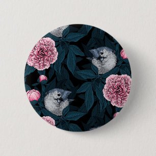 Birds and pink peony flowers with leaves 2 inch round button