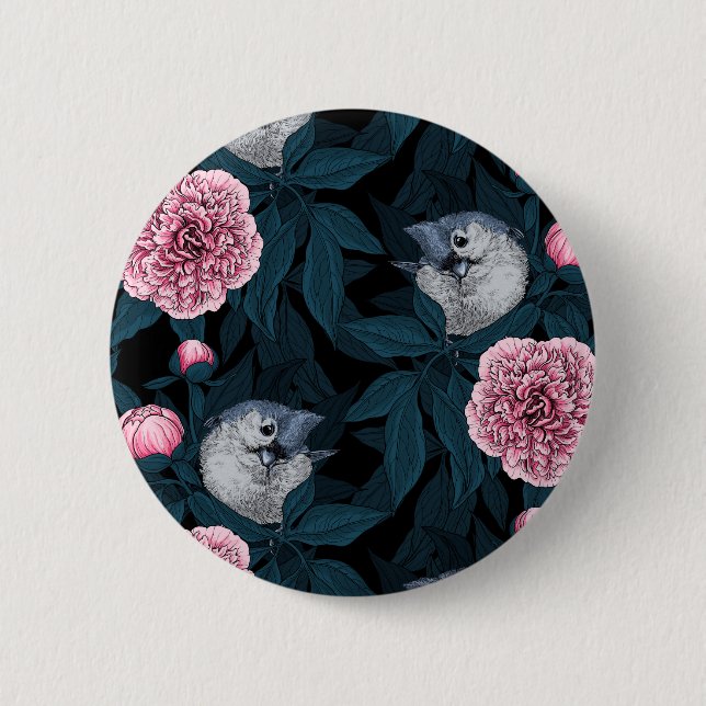 Birds and pink peony flowers with leaves 2 inch round button (Front)