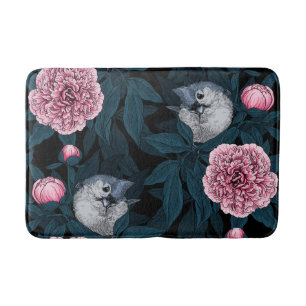 Birds and pink peony flowers with leaves bath mat