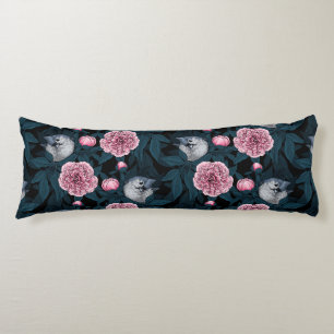 Birds and pink peony flowers with leaves body pillow