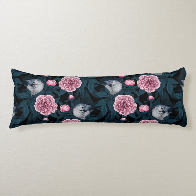 Birds and pink peony flowers with leaves body pillow (Front)
