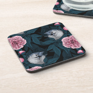 Birds and pink peony flowers with leaves coaster
