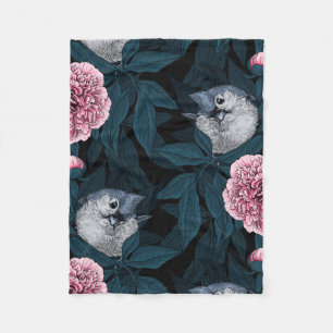 Birds and pink peony flowers with leaves fleece blanket