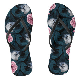 Birds and pink peony flowers with leaves flip flops