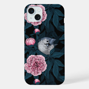 Birds and pink peony flowers with leaves iPhone 15 plus case