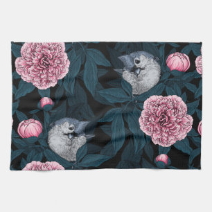 Birds and pink peony flowers with leaves kitchen towel