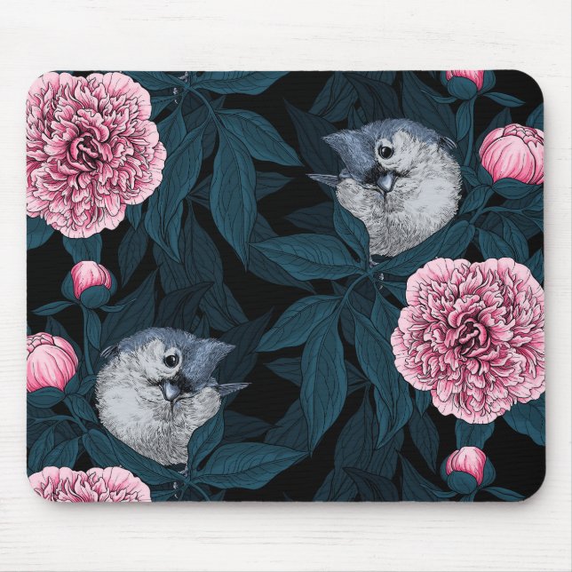 Birds and pink peony flowers with leaves mouse pad (Front)