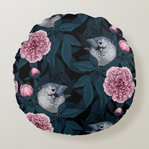 Birds and pink peony flowers with leaves round pillow