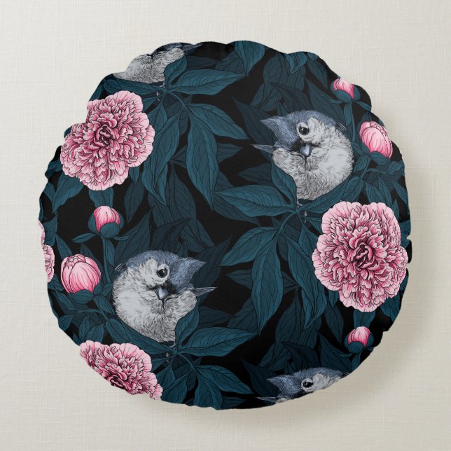 Birds and pink peony flowers with leaves round pillow (Front)