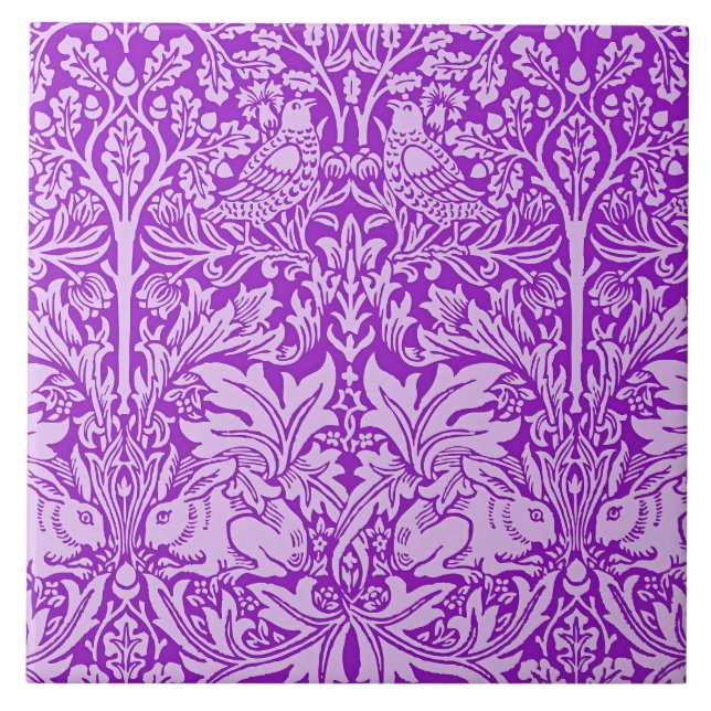 Birds and Rabbits design, colourful lavender, Tile (Front)