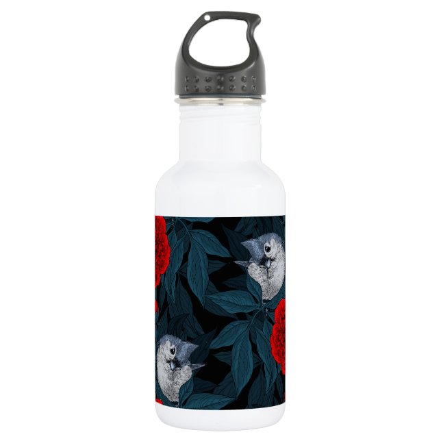 Birds and red peony flowers with blue leaves 532 ml water bottle (Front)