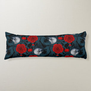 Birds and red peony flowers with blue leaves body pillow