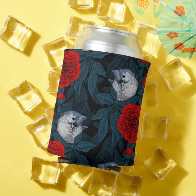 Birds and red peony flowers with blue leaves can cooler (In Situ Summer)