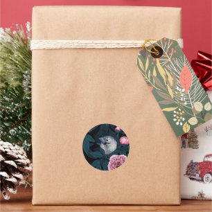 Birds and red peony flowers with blue leaves classic round sticker