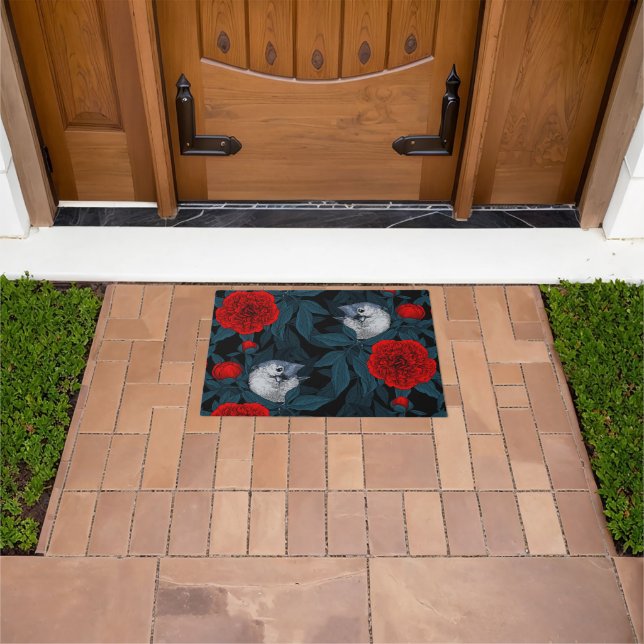 Birds and red peony flowers with blue leaves doormat (Outdoor)
