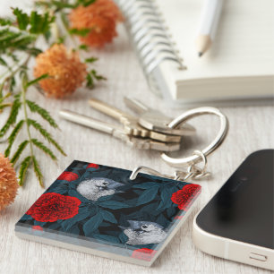 Birds and red peony flowers with blue leaves keychain
