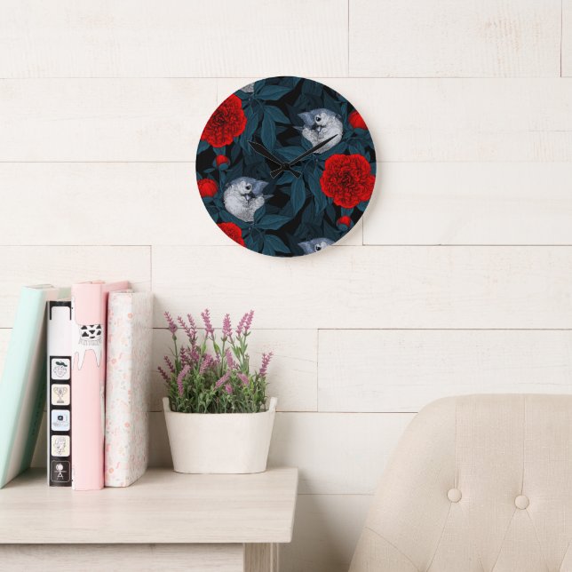 Birds and red peony flowers with blue leaves large clock (Reading Room)