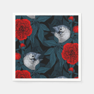 Birds and red peony flowers with blue leaves napkin