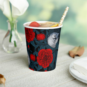 Birds and red peony flowers with blue leaves paper cups