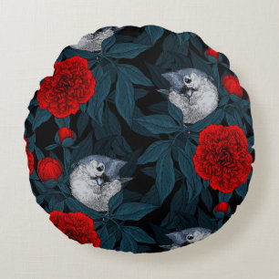Birds and red peony flowers with blue leaves round pillow