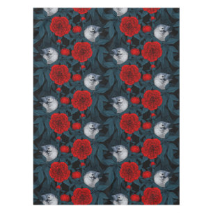Birds and red peony flowers with blue leaves tablecloth