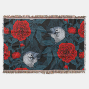 Birds and red peony flowers with blue leaves throw blanket