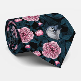 Birds and red peony flowers with blue leaves tie