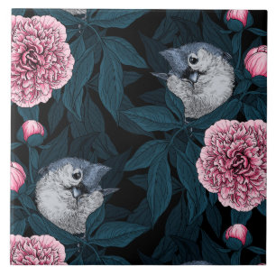 Birds and red peony flowers with blue leaves tile