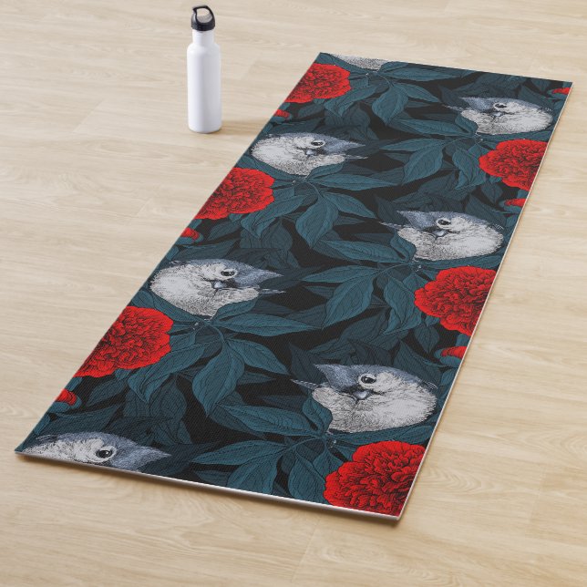 Birds and red peony flowers with blue leaves yoga mat (In Situ)