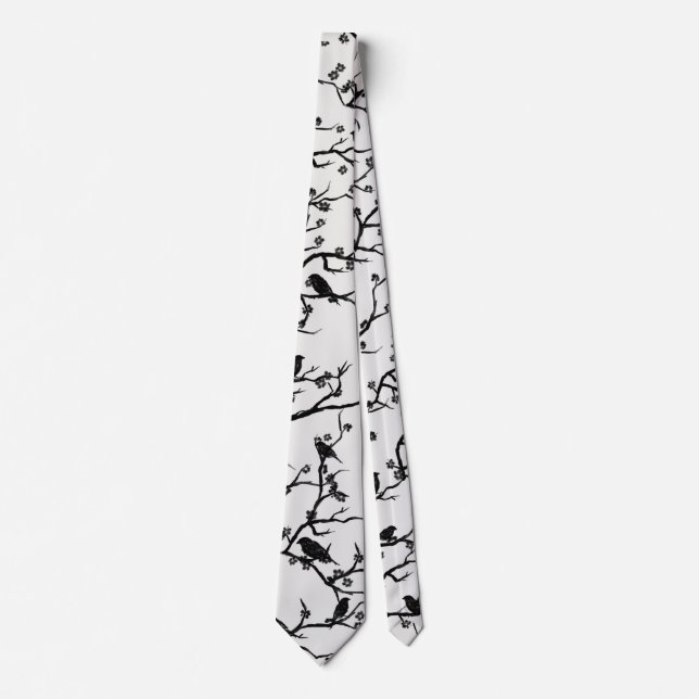 Birds and Sakura Branches Japanese Painting Tie (Front)