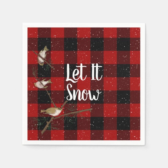 Birds and snowflakes on buffalo plaid napkin (Front)