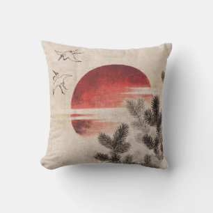 Birds and Sunset by Katsushika Hokusai Throw Pillow
