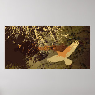 Birds and tree branch in brown tones poster